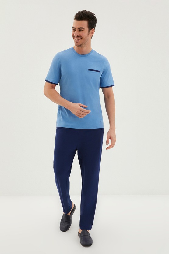 Erkek Giyim - Kontrast Renk Duble Kol Bisiklet Yaka 2'li Pamuk Pijama Takımı