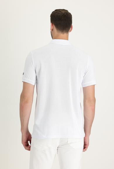 Erkek Giyim - BEYAZ M Beden Polo Yaka Slim Fit Fermuarlı Baskılı Pamuk Tişört