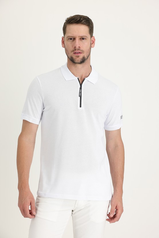 Erkek Giyim - Polo Yaka Slim Fit Fermuarlı Baskılı Pamuk Tişört