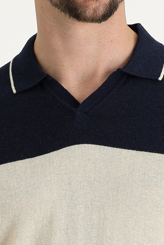 Erkek Giyim - Polo Yaka Slim Fit Dar Kesim Desenli Pamuklu Keten Tişört
