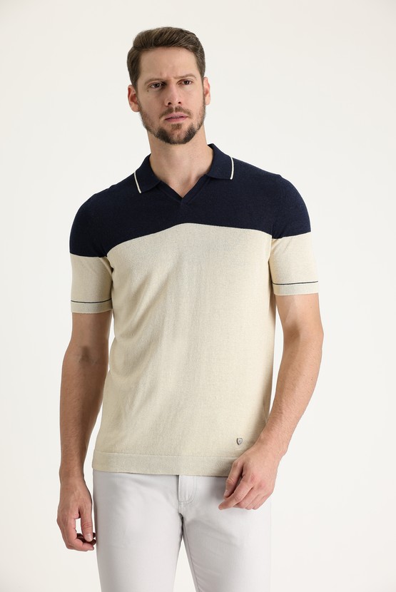 Erkek Giyim - Polo Yaka Slim Fit Dar Kesim Desenli Pamuklu Keten Tişört