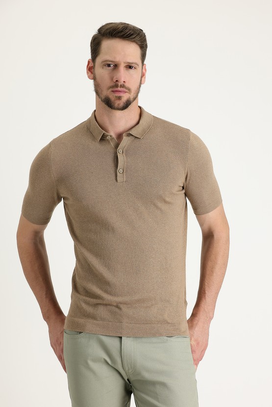 Erkek Giyim - Polo Yaka Slim Fit Pamuklu Keten Tişört