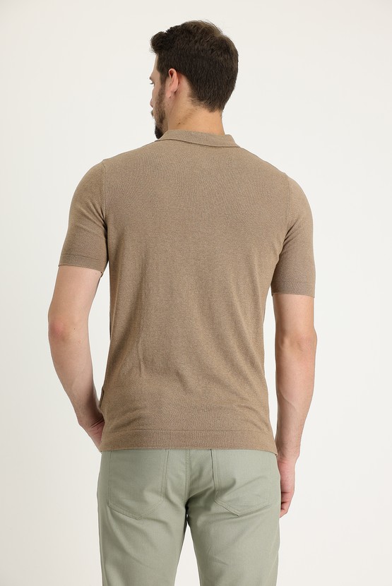 Erkek Giyim - Polo Yaka Slim Fit Pamuklu Keten Tişört