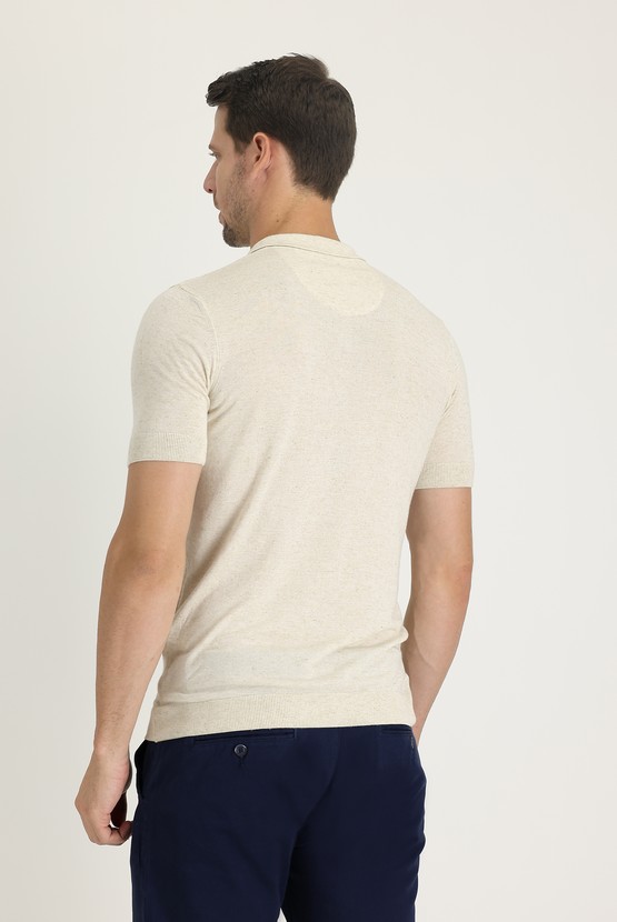Erkek Giyim - Polo Yaka Slim Fit Dar Kesim Keten Tişört