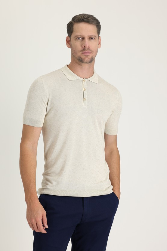 Erkek Giyim - Polo Yaka Slim Fit Dar Kesim Keten Tişört