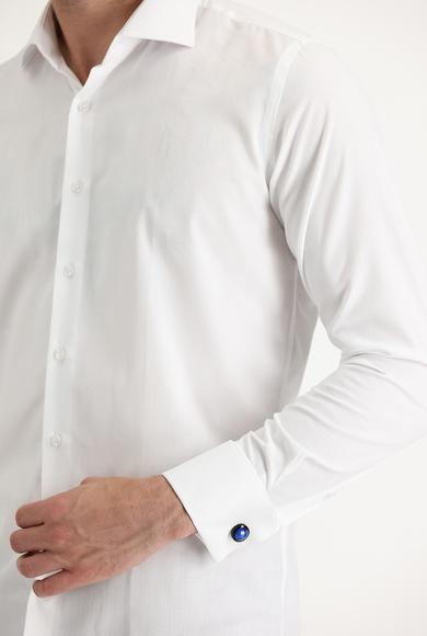 Erkek Giyim - BEYAZ L Beden Uzun Kol Slim Fit Manşetli Pamuklu Gömlek