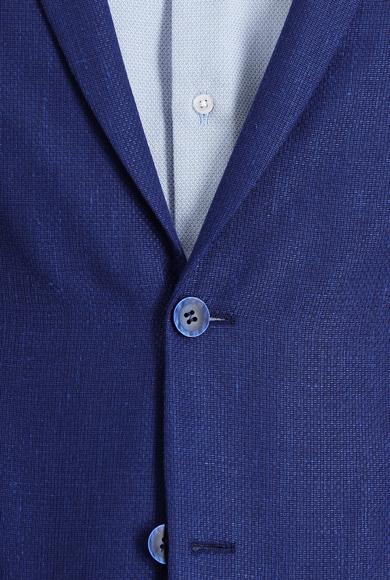 Erkek Giyim - KOYU MAVİ 56 Beden Süper Slim Fit Klasik Desenli Yünlü Keten Ceket