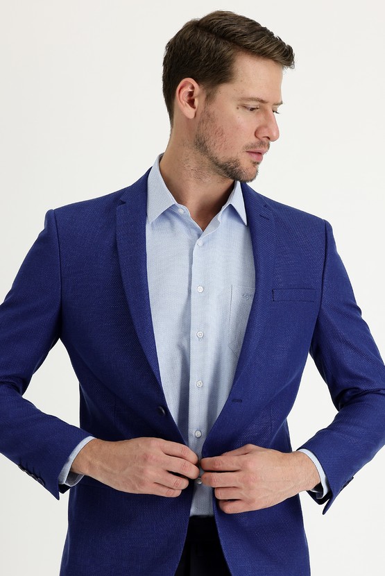 Erkek Giyim - Super Slim Fit Ekstra Dar Kesim Klasik Desenli Yünlü Keten Ceket