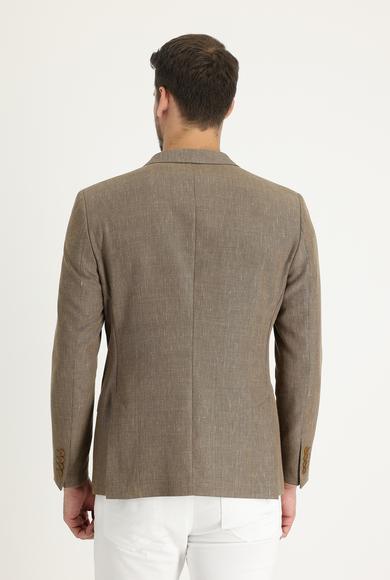 Erkek Giyim - KOYU BEJ 54 Beden Super Slim Fit Ekstra Dar Kesim Klasik Desenli Keten Ceket