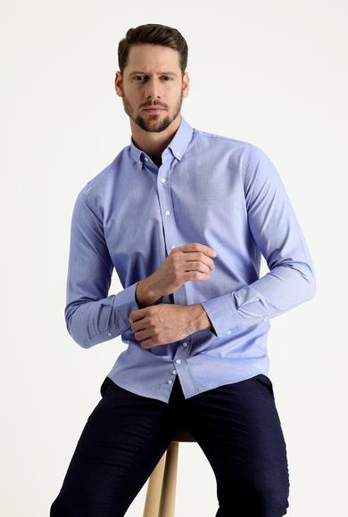 Erkek Giyim - AÇIK LACİVERT S Beden Uzun Kol Slim Fit Oxford Pamuk Gömlek