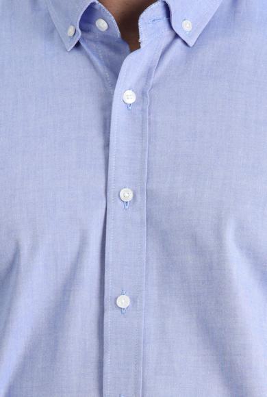 Erkek Giyim - AÇIK LACİVERT S Beden Uzun Kol Slim Fit Oxford Pamuk Gömlek