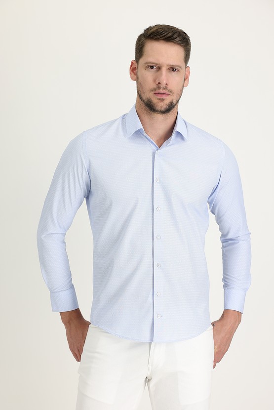 Erkek Giyim - Uzun Kol Slim Fit Desenli Oxford Pamuklu Gömlek