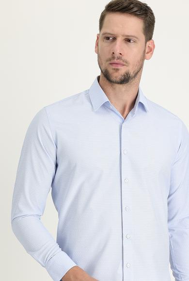 Erkek Giyim - UÇUK MAVİ XL Beden Uzun Kol Slim Fit Desenli Oxford Gömlek