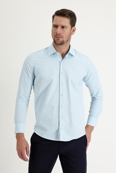 Erkek Giyim - AQUA MAVİSİ S Beden Uzun Kol Slim Fit Dar Kesim Klasik Desenli Pamuklu Gömlek