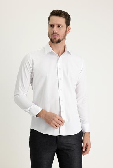 Erkek Giyim - BEYAZ M Beden Uzun Kol Slim Fit Desenli Pamuklu Gömlek