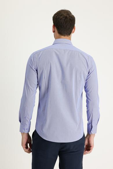 Erkek Giyim - KOYU MAVİ M Beden Uzun Kol Slim Fit Desenli Pamuklu Gömlek