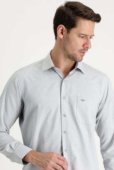 Erkek Giyim - ORTA GRİ XL Beden Uzun Kol Klasik Desenli Pamuklu Gömlek
