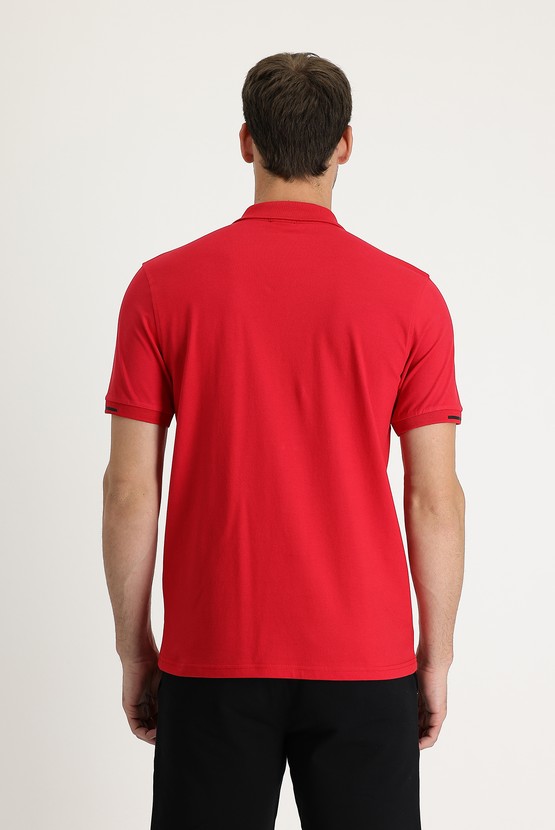 Erkek Giyim - Polo Yaka Slim Fit Baskılı Fermuarlı Pamuklu Tişört