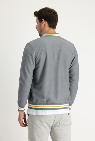 Erkek Giyim - ORTA GRİ XL Beden Slim Fit Fermuarlı Sweatshirt