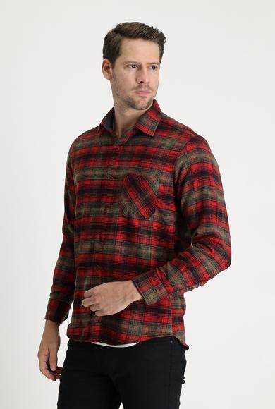 Erkek Giyim - AÇIK BORDO L Beden Uzun Kol Regular Fit Ekose Shacket Oduncu Pamuklu Gömlek