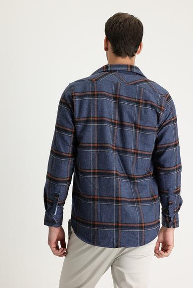 Erkek Giyim - HAVACI MAVİ 4X Beden Uzun Kol Regular Fit Ekose Shacket Oduncu Gömlek
