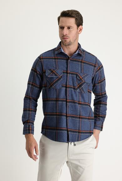 Erkek Giyim - HAVACI MAVİ 4X Beden Uzun Kol Regular Fit Ekose Shacket Oduncu Gömlek