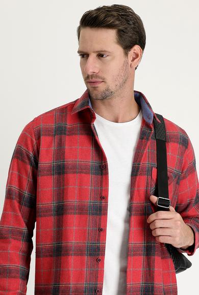 Erkek Giyim - AÇIK KIRMIZI 4X Beden Uzun Kol Regular Fit Ekose Shacket Oduncu Pamuklu Gömlek