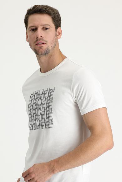 Erkek Giyim - Beyaz XXL Beden Bisiklet Yaka Slim Fit Baskılı Pamuk Tişört
