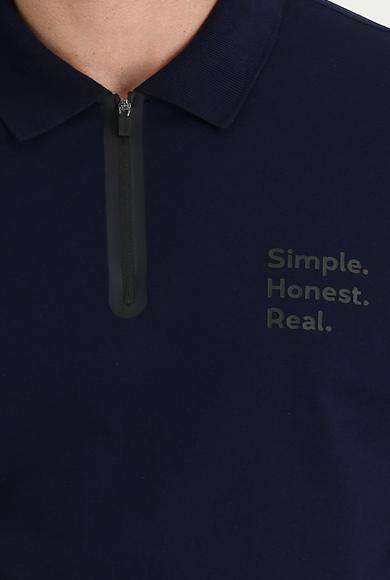 Erkek Giyim - SİYAH LACİVERT XL Beden Polo Yaka Slim Fit Baskılı Fermuarlı Pamuklu Tişört