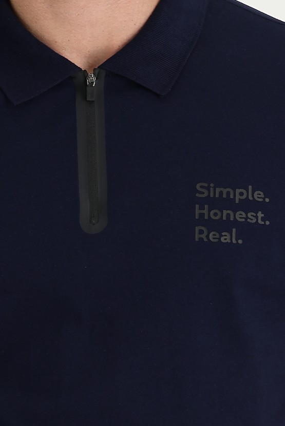 Erkek Giyim - Polo Yaka Slim Fit Baskılı Fermuarlı Pamuklu Tişört
