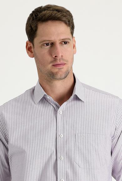 Erkek Giyim - AÇIK MOR XXL Beden Uzun Kol Regular Fit Çizgili Pamuklu Gömlek