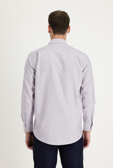 Erkek Giyim - AÇIK MOR XXL Beden Uzun Kol Regular Fit Çizgili Pamuklu Gömlek