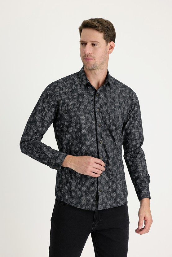 Erkek Giyim - Uzun Kol Slim Fit Baskılı Pamuk Gömlek