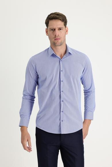 Erkek Giyim - KOYU MAVİ S Beden Uzun Kol Slim Fit Klasik Desenli Pamuklu Gömlek