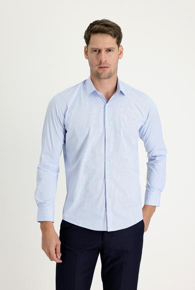 Erkek Giyim - Açık Mavi L Beden Uzun Kol Slim Fit Klasik Desenli Pamuklu Gömlek