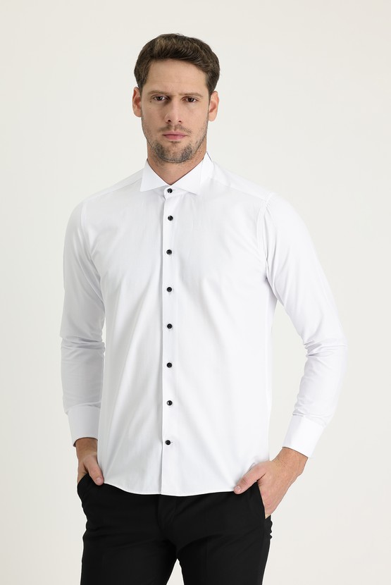 Erkek Giyim - Uzun Kol Ata Yaka Slim Fit Pamuklu Gömlek
