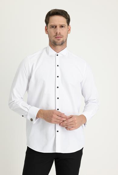 Erkek Giyim - BEYAZ XXL Beden Uzun Kol Ata Yaka Klasik Pamuklu Gömlek