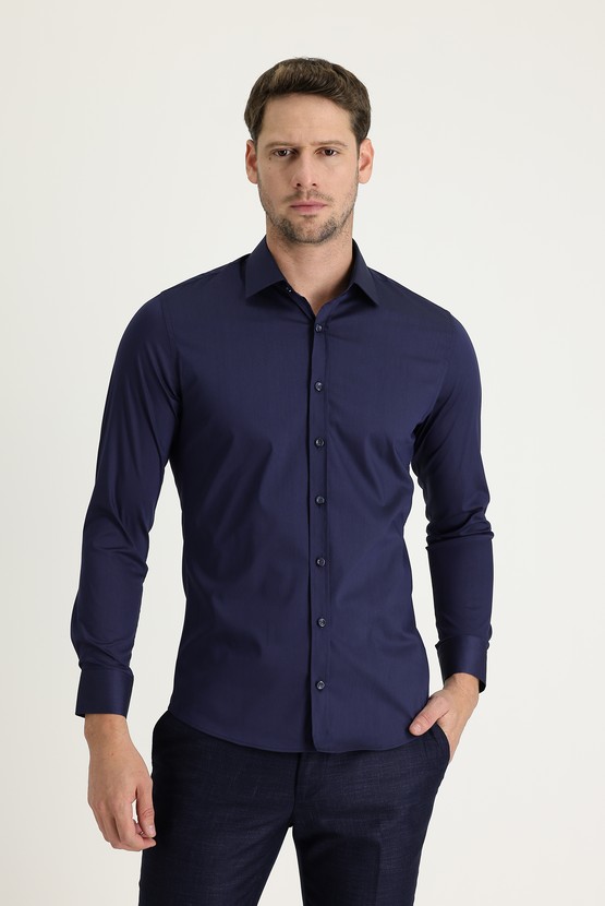 Erkek Giyim - Uzun Kol Super Slim Fit Ekstra Dar Kesim Klasik Pamuklu Gömlek