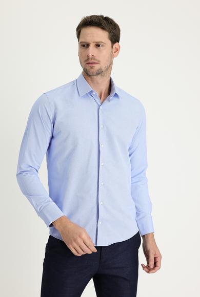 Erkek Giyim - MAVİ M Beden Uzun Kol Slim Fit Dar Kesim Klasik Desenli Pamuklu Gömlek