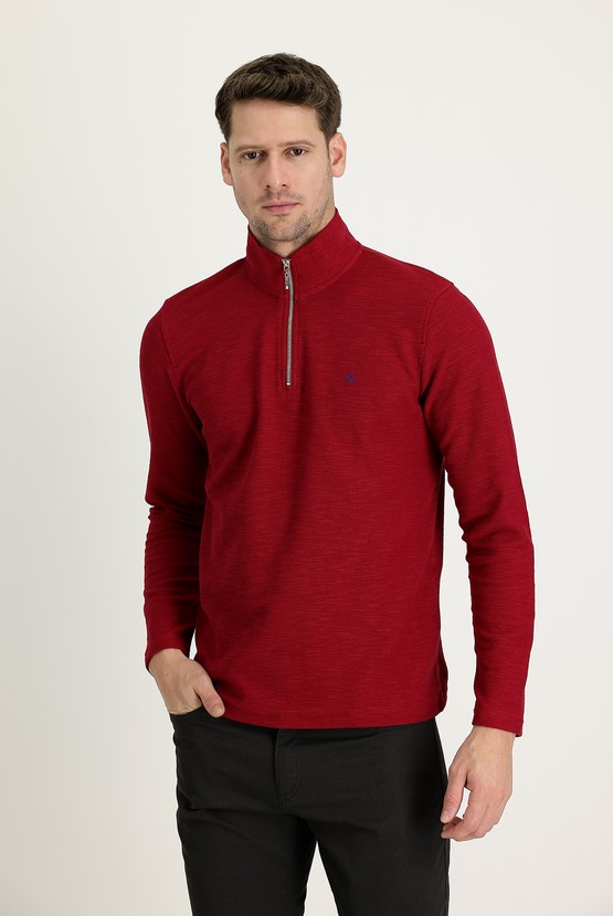 Erkek Giyim - Bato Yaka Fermuarlı Nakışlı Sweatshirt