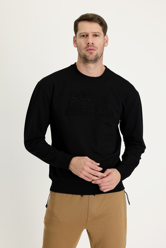 Erkek Giyim - Bisiklet Yaka Slim Fit Baskılı Sweatshirt