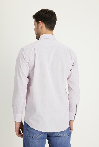 Erkek Giyim - ŞARAP BORDO L Beden Uzun Kol Regular Fit Çizgili Pamuklu Gömlek