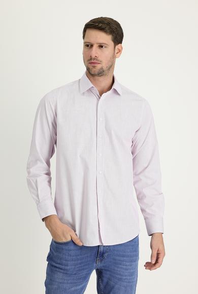Erkek Giyim - ŞARAP BORDO L Beden Uzun Kol Regular Fit Çizgili Pamuklu Gömlek