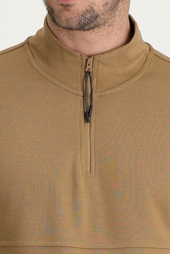 Erkek Giyim - Bato Yaka Slim Fit Fermuarlı Sweatshirt
