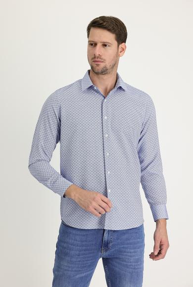 Erkek Giyim - ORTA LACİVERT L Beden Uzun Kol Slim Fit Desenli Pamuklu Gömlek