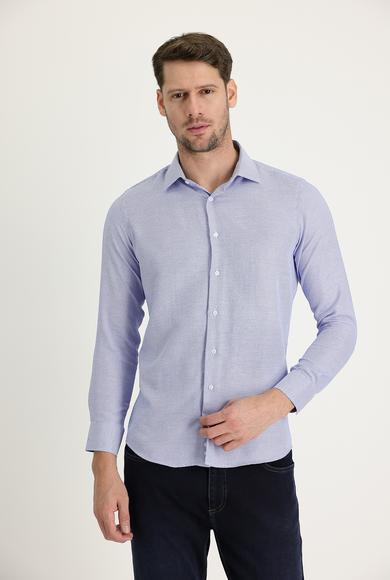 Erkek Giyim - MAVİ 3X Beden Uzun Kol Slim Fit Desenli Gömlek