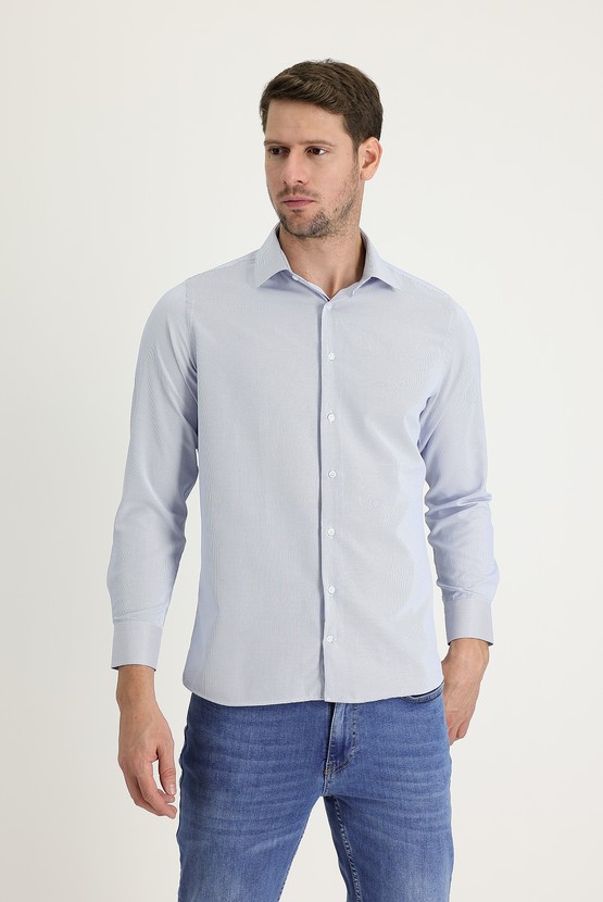 Erkek Giyim - Uzun Kol Slim Fit Desenli Pamuklu Gömlek