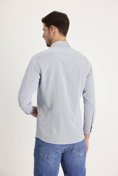 Erkek Giyim - KOYU MAVİ XL Beden Uzun Kol Slim Fit Desenli Pamuklu Gömlek