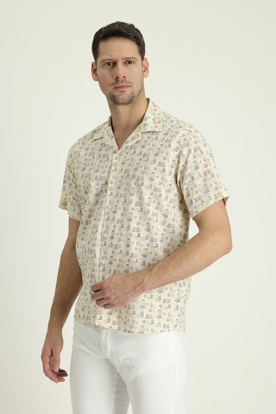 Erkek Giyim - Kısa Kol Relax Fit Rahat Kesim Baskılı Spor Pamuklu Gömlek