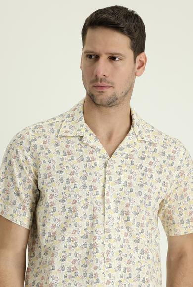 Erkek Giyim - EKRU XL Beden Kısa Kol Relax Fit Baskılı Spor Pamuklu Gömlek